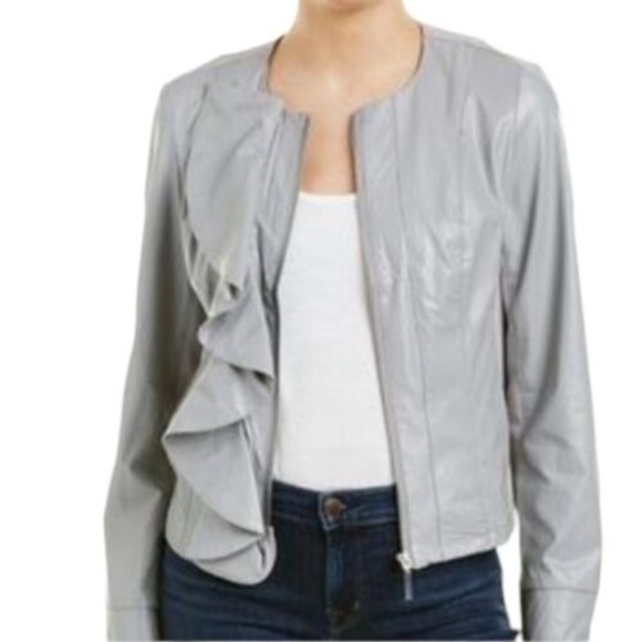 Kut From The Kloth Dahliana Gray Vegan Leather Ruffle Moto Jacket Medium - Picture 3 of 12